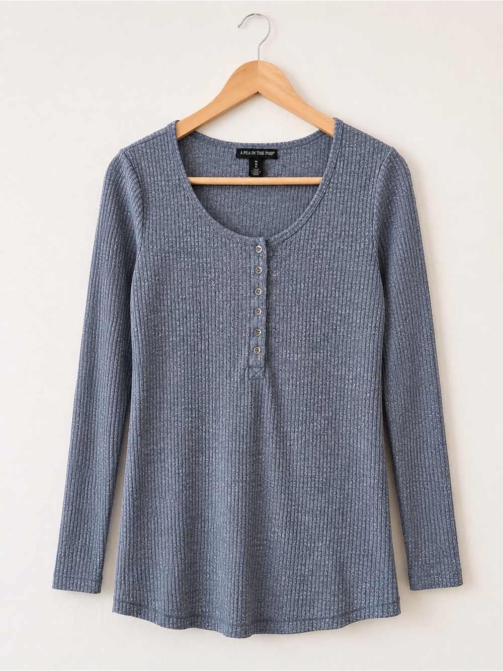 A Pea in the Pod Maternity Blue Heather Ribbed Henley Long Sleeve Top M